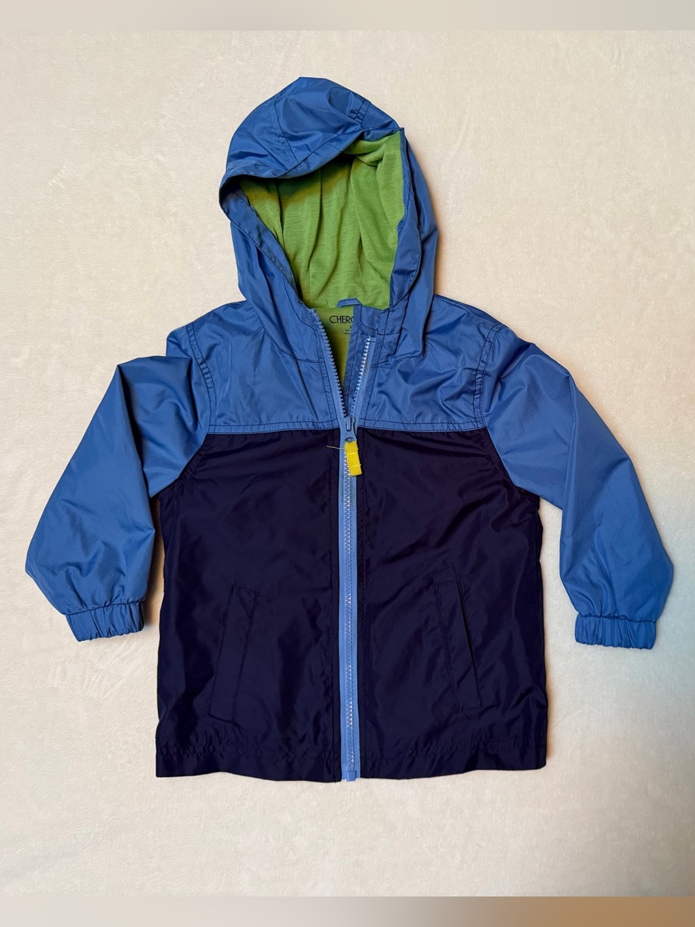 Cherokee Girls Boys 3T Rain Jacket Blue & Green Hooded Lightweight Windbreaker